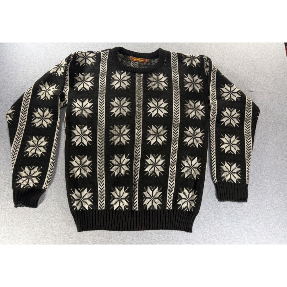 Vintage Sergio Valente Mens Large Black White Snowflake Nordic Knit Sweater USA